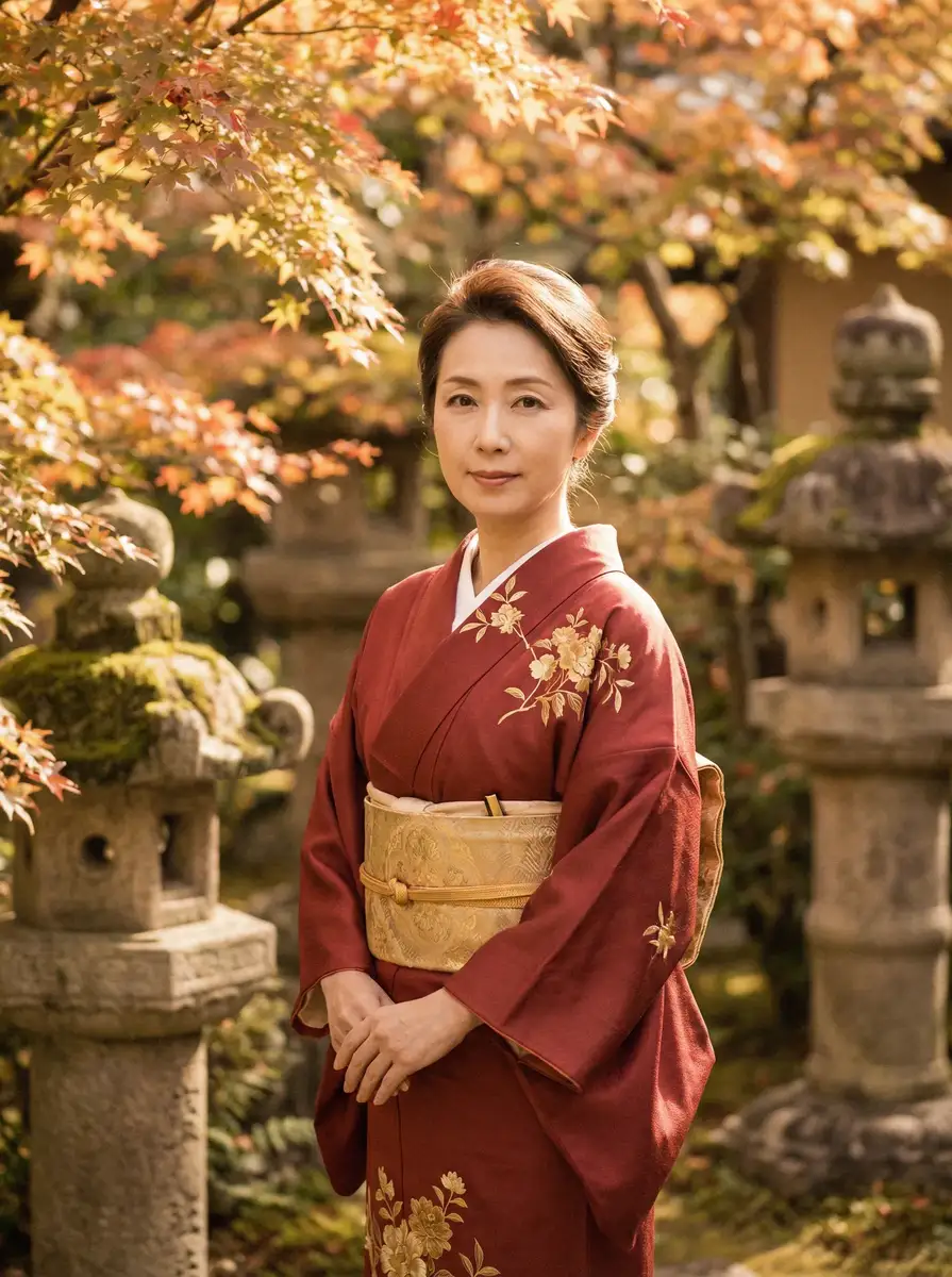 一位身穿暗红色和服的优雅 阿里体育网址 在日式庭院中
