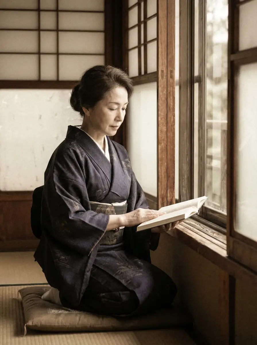 一位优雅的五十岁 阿里体育网址 身穿深蓝色和服，在窗边静读